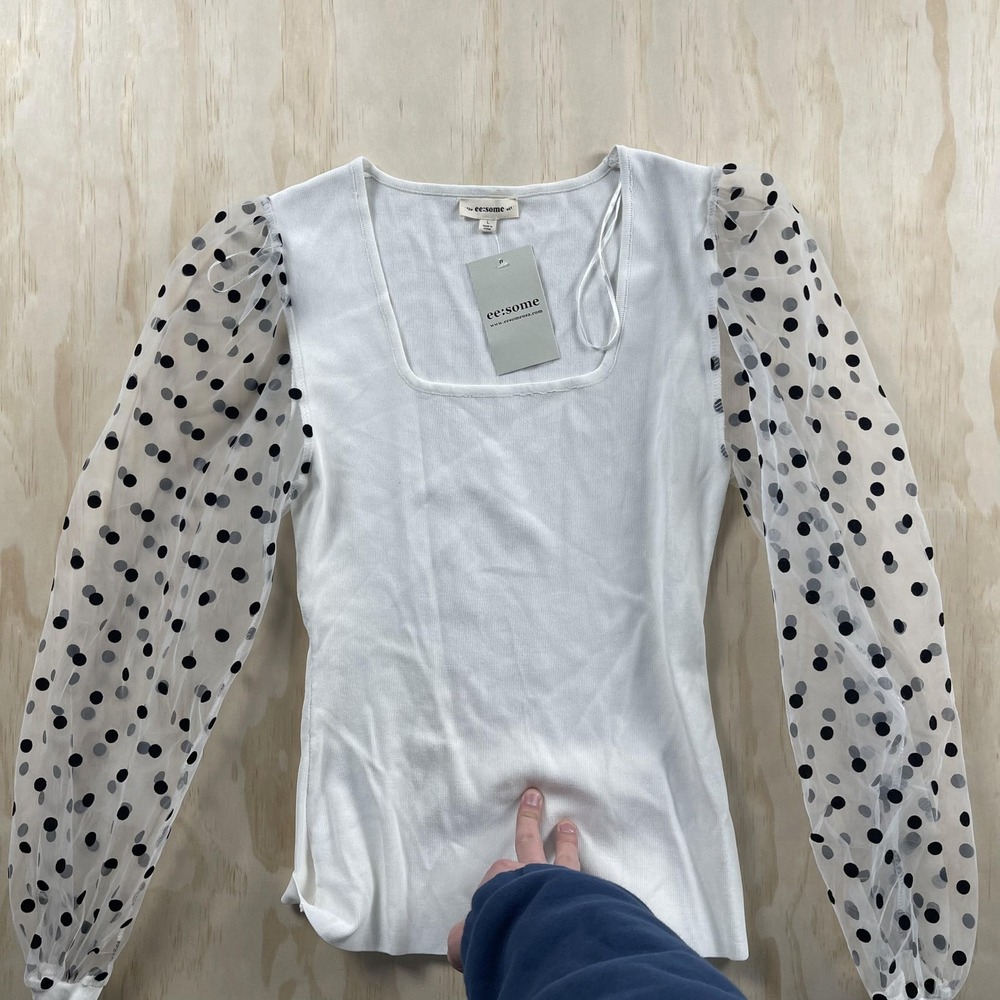 Ee:some Blouse Womens Large White Square Neck Sheer Polka Dot‎ Puff Sleeve Top